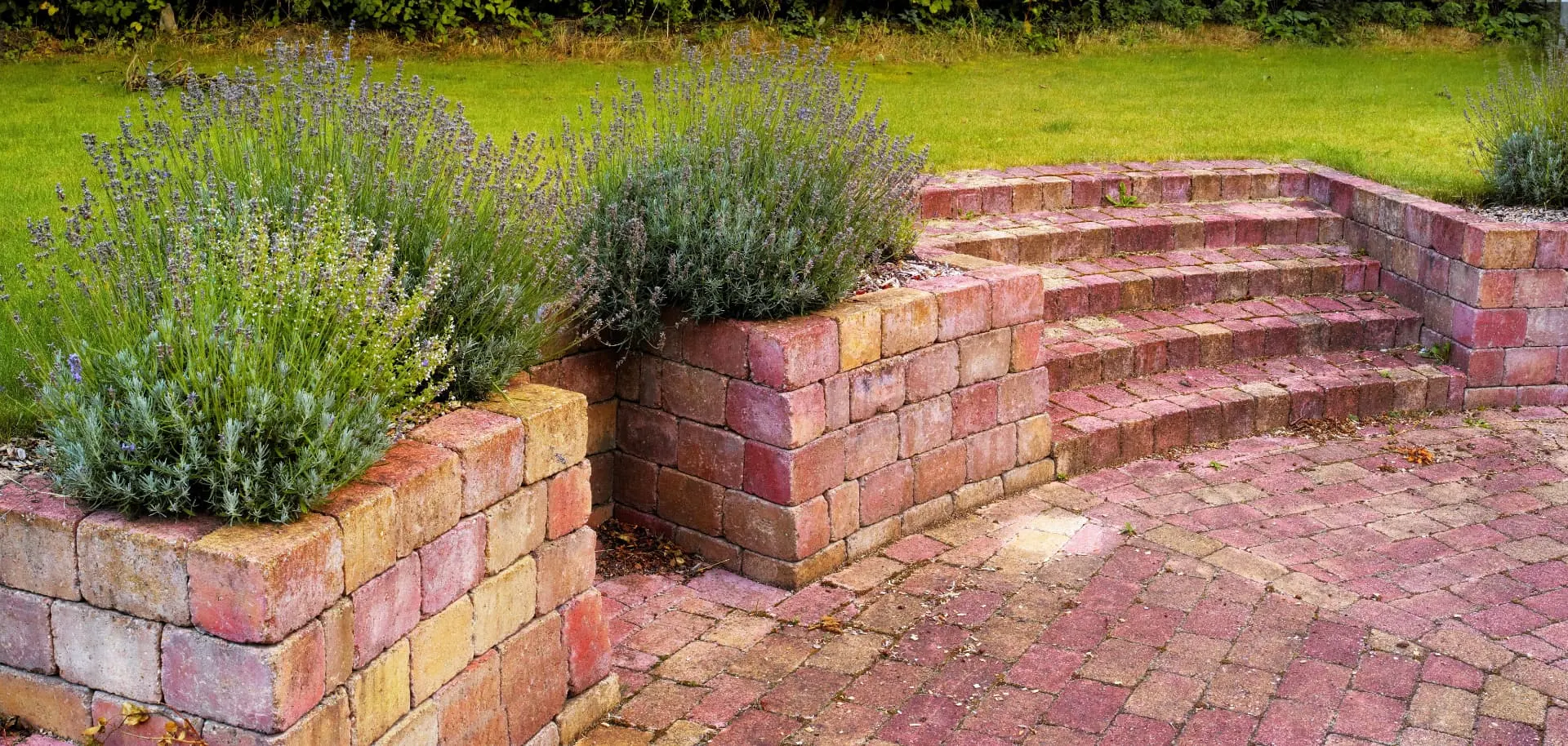 Masonry garden retaining walls beside planted borders and steps